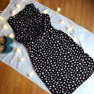 Black and white polka dot straight dress with belt